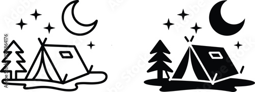 Black and white camping scene with tent trees moon and stars 1