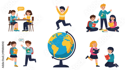 Collection of diverse schoolchildren engages in learning and play activities centered around a globe representing global growth.