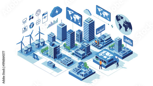 Modern smart city concept features isometric buildings, wind turbines, and digital technology icons for sustainable urban living.
