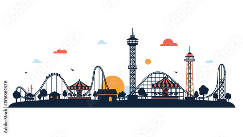 Silhouette of a large amusement park with roller coasters and ferris wheels is set against a warm sunset sky with orange clouds.