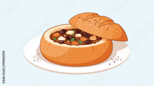 Hearty vegetable stew is served inside a hollowed-out bread bowl on a white plate with seasoning and a side of fresh bread.