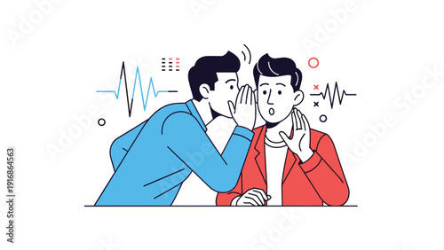 One man whispers a secret into the ear of another man who looks surprised with abstract icons and sound waves in the background.