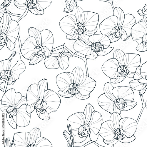 Vector seamless pattern with sketch hand drawn orchid flowers. Spring background, wrapping paper, textile print design