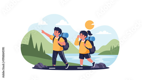 Two young explorers hike through a scenic mountain landscape with backpacks and sleeping rolls on a sunny day near a lake.