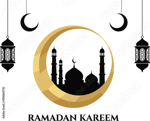 WebRamadan Kareem greeting card with mosque silhouette, hanging lanterns, golden crescent moon, Islamic holiday celebration banner, month full of blessings background