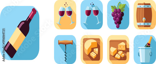 Wine Production and Tasting Icon Set with Bottle Glasses Grapes Corkscrew Cheese Barrel and Ice Bucket Vector Illustration for Winery and Bar Design.