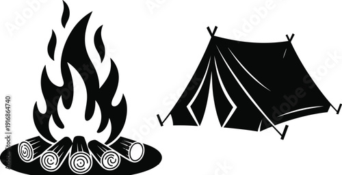 Black and white of a campfire and a tent on a white background camping