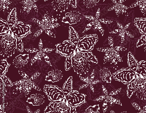 Trendy orchid flower print seamless pattern with vibrant tropical elements