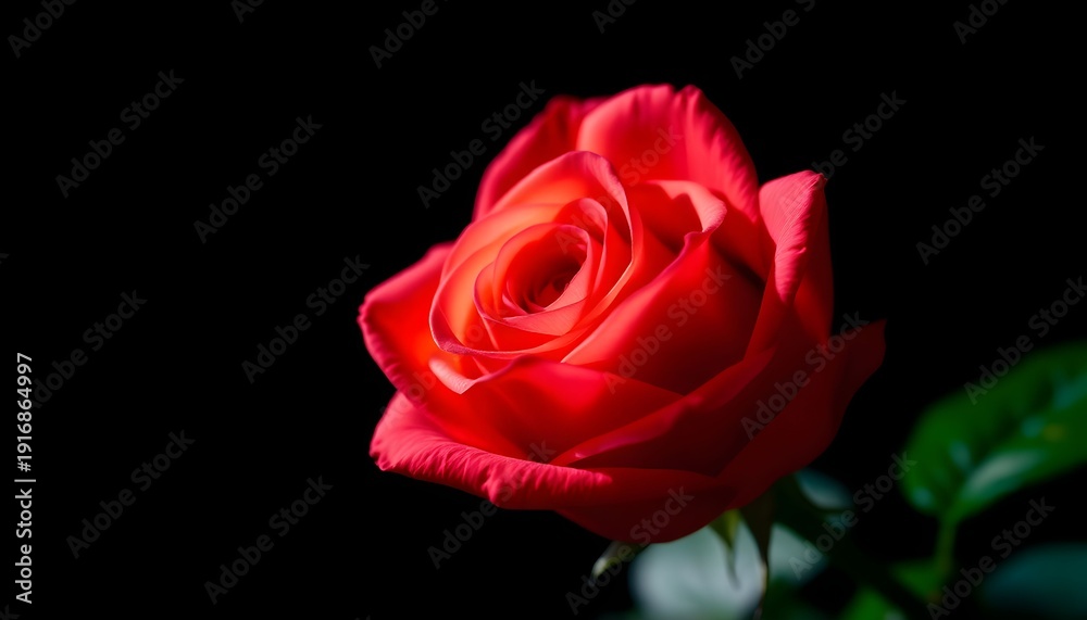 Fototapeta premium A vibrant red rose in full bloom captured from a close-up viewpoint against a dark background