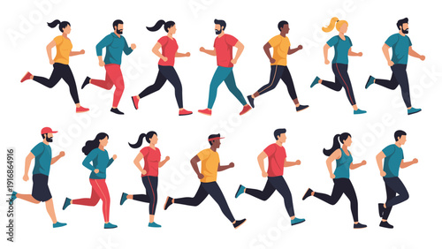 Set of diverse men and women in various running and jogging poses is shown in a line for a professional fitness theme.