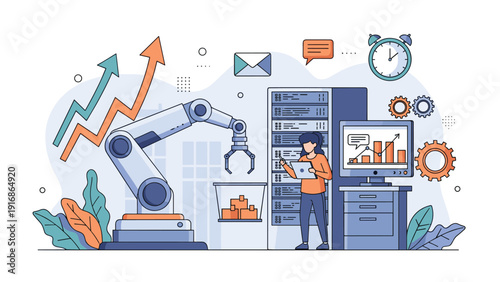 Industrial robot arm works alongside a professional in a modern office environment featuring data servers and charts.
