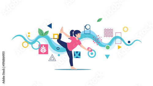 Young woman practicing yoga in a balance pose with colorful abstract geometric shapes and wavy patterns symbolizing energy and wellness.