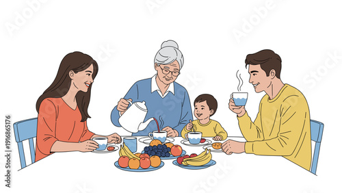 Happy multi-generational family including parents, a grandmother, and a toddler sitting around a table sharing tea and fruit in a cozy scene.