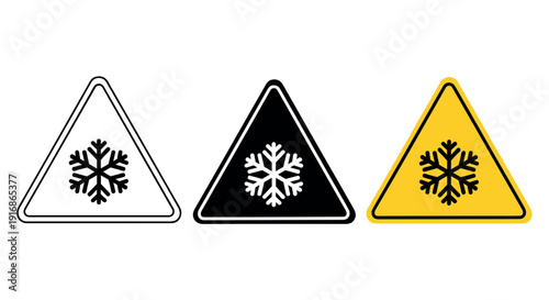 Three triangular warning signs with snowflake symbols in white, black, and yellow on a plain background
