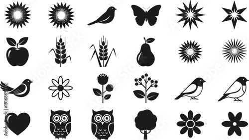 Nature, silhouette, icon, set, with, birds, owls, flowers, butterflies, apples, pears, wheat, stars, hearts, trees, botanical, elements, collection, vector, isolated, white, background, design.