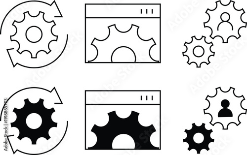 A collection of gear icons and browser windows illustrating settings and configuration