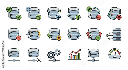 Database Icons Set Representing Various Operations and States.