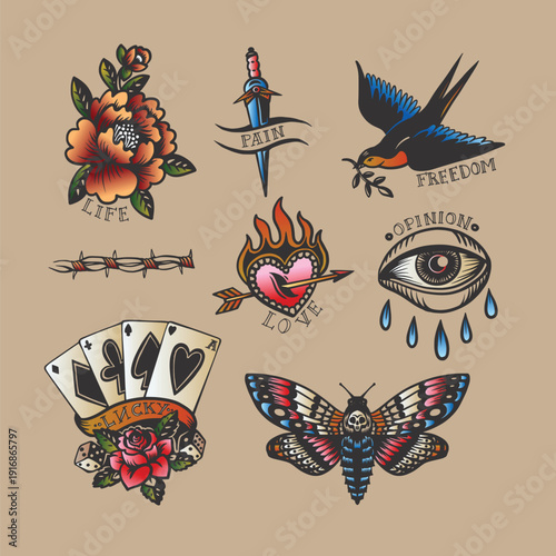 Vintage tattoo isolated with old school symbols swallow heart dagger