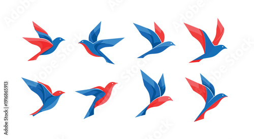 A group of vibrant blue and red birds flying in different directions against a clean white background