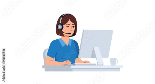 A young female customer service agent wearing a blue shirt and headset working on a desktop computer.