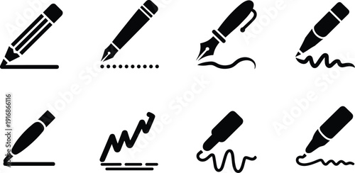 Eight black writing instruments different lines and patterns on a white background pencil marker