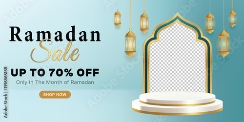 Ramadan Sale Banner: A festive Ramadan sale banner, offering up to 70% off with elegant golden lanterns, a decorative arch, and a stage-like platform.