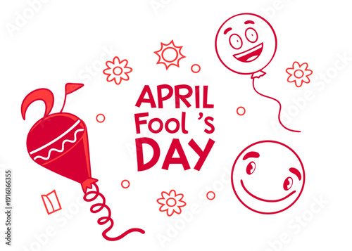 April Fools Day celebration with red illustrations and text on white background