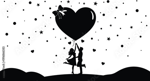 Romantic, couple, silhouette, holding, large, heart, balloon, under, starry, night, sky, Valentine, Day, concept, love, wedding, anniversary, stars, isolated, white, background, vector.