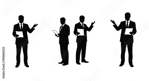 Four business professionals in silhouette presenting and discussing ideas