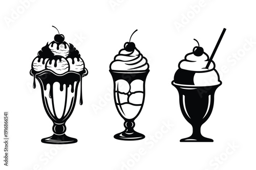 A set of ice cream sundae silhouette vector art illustration