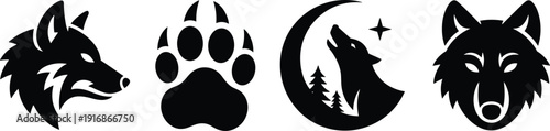 Four black and white wolf-themed including a wolf head, paw print, howling wolf, and another wolf head 1