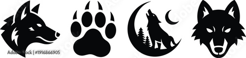 Four black silhouettes of wolves and a paw print with a howling wolf under a crescent moon and trees
