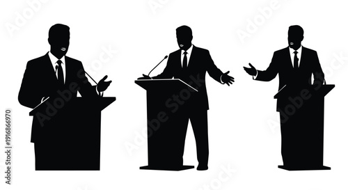 Three silhouetted men in suits speaking at podiums debate or conference setting
