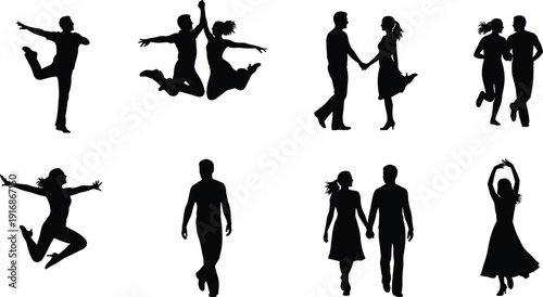 Set of black silhouettes of people jumping, dancing, walking, and holding hands isolated on white background, concept for happiness, lifestyle, and freedom.