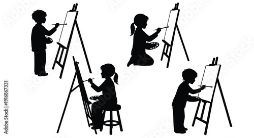 Children painting at easels in a black and white silhouette style