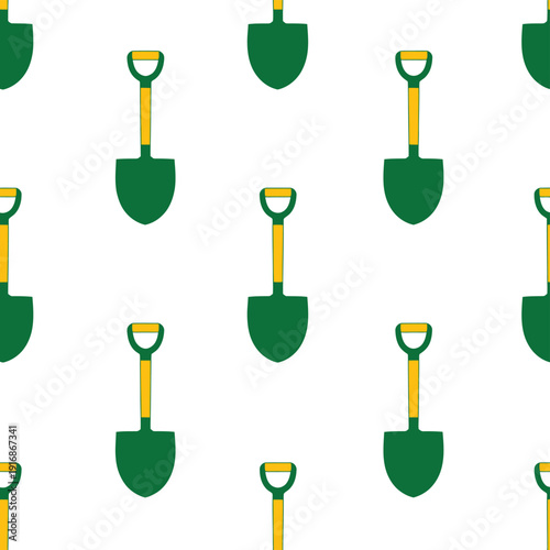 Seamless pattern featuring repeating green shovels on a white background