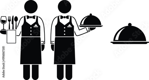 Waiter silhouette vector set, restaurant service staff icons with tray food and cutlery isolated on white background for catering menu graphic design.