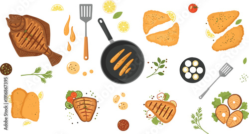 Grilled Fish and Chicken Steak with Pan Fried Sausages Spices and Herbs Vector Food Illustration Set for Restaurant Menu and Cooking Design.