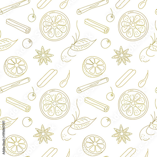 Delicate pattern of sketched spices citrus and botanical elements