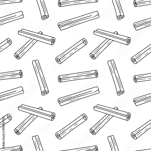 Seamless pattern of hand drawn cinnamon sticks on a white background