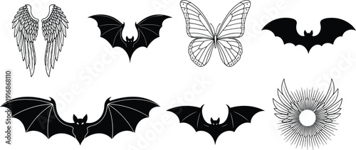 Bat wings and angel wings vector collection, butterfly and gothic flying silhouettes set, black tattoo style design elements isolated