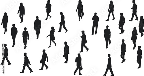 Business people walking silhouettes collection, men and women office workers in different poses, black isolated crowd figures, urban commuting concept illustration on white background.