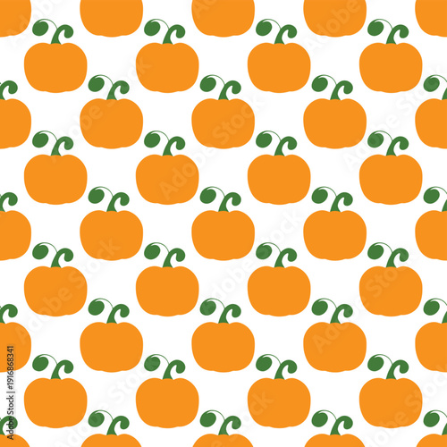 A repeating pattern of stylized orange pumpkins with green stems