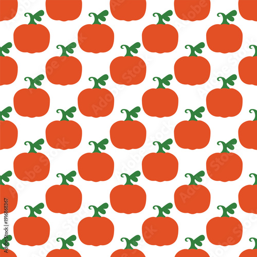 Seamless pattern of bright orange pumpkins with green stems on white
