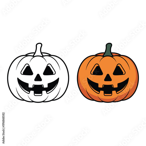 Two pumpkins one outlined in black the other colored orange for halloween