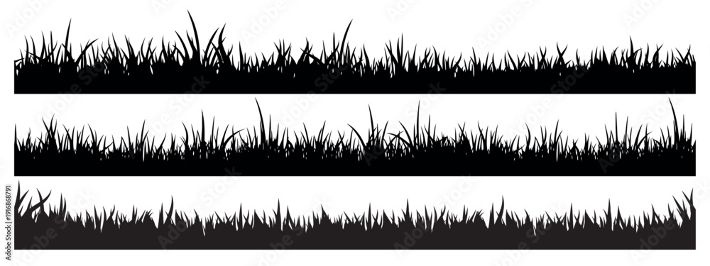 Fototapeta premium Set of horizontal black grass silhouette borders in line art style for nature landscape design, isolated on white background, vector illustration
