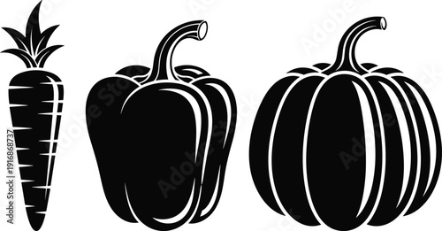 Black vector silhouette set of garden vegetables featuring a carrot bell pepper and pumpkin for autumn harvest healthy food and organic farming branding