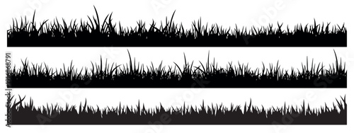 Set of horizontal black grass silhouette borders in line art style for nature landscape design, isolated on white background, vector illustration