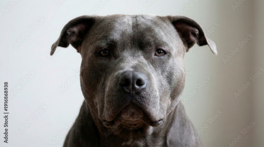 Fototapeta premium Portrait of a gray Pitbull dog looking at camera