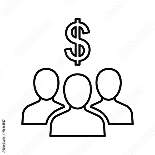 Three stylized human figures stand beneath a prominent dollar sign symbolizing finance or group earnings.